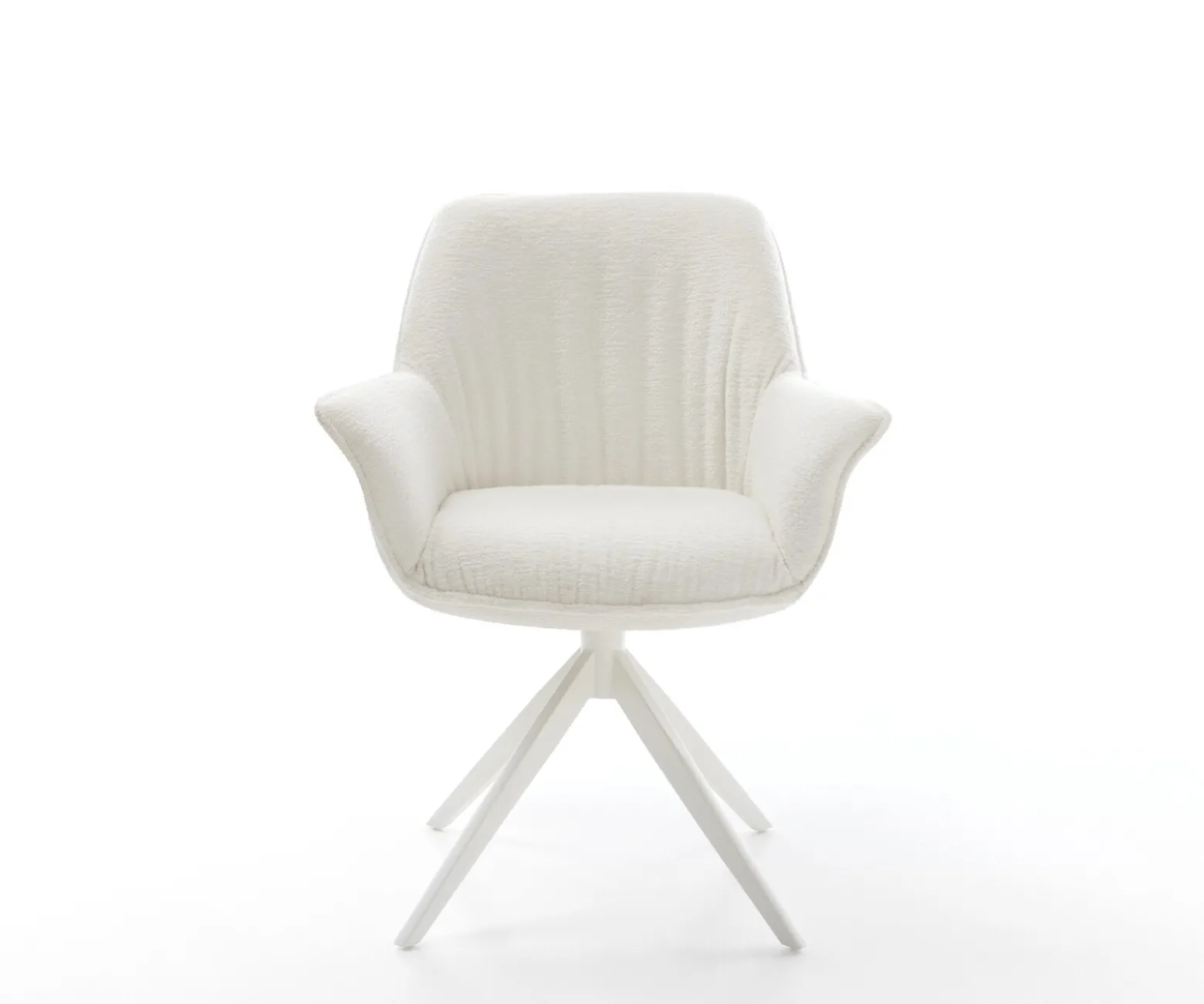DrehstuhlKeila-Flex mit Armlehnen Bouclé Soft Beige Kreuzgestell breit Weiß 360° drehbar Wippfunktion Sofort versandfertig