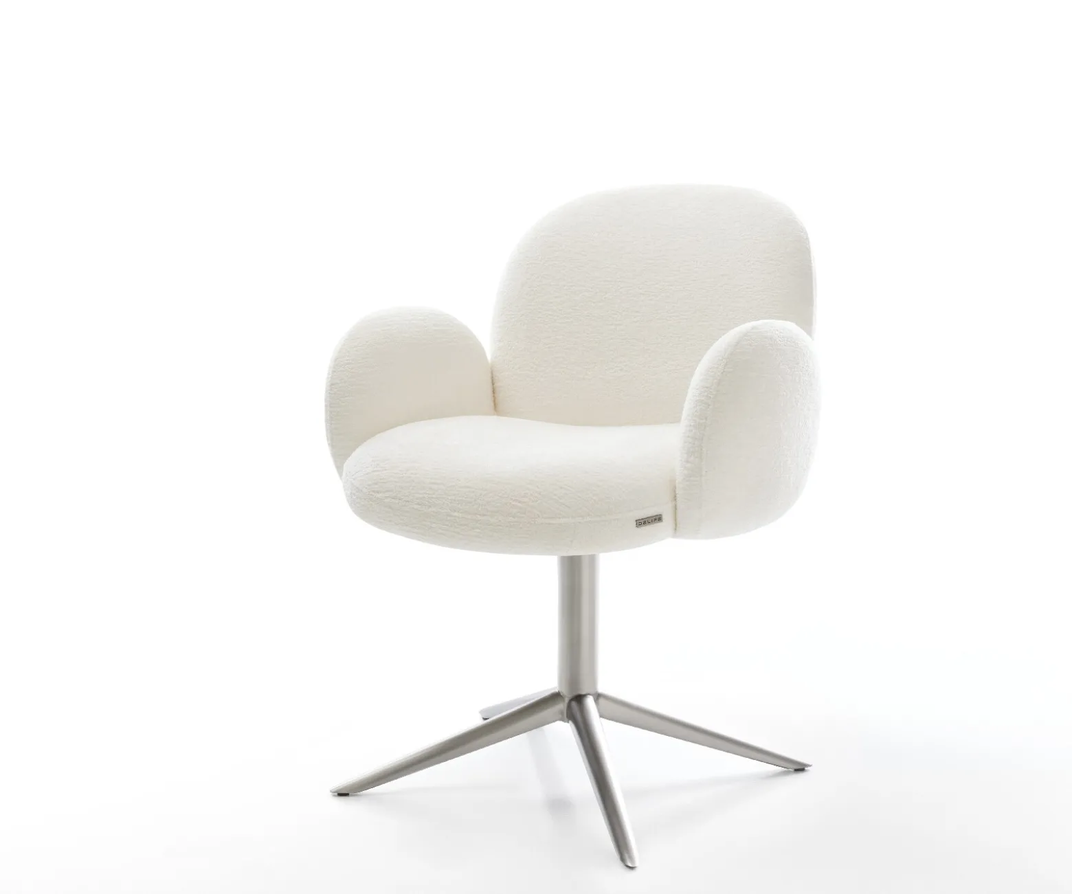 DrehstuhlNube-Flex mit Armlehnen Bouclé Soft Beige Fußkreuz Edelstahl 360° drehbar Wippfunktion Taschenfederkern Sofort versandfertig