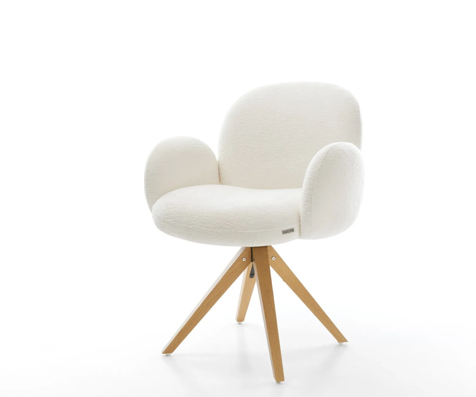 DrehstuhlNube-Flex mit Armlehnen Bouclé Soft Beige Holzgestell kantig Natur 360° drehbar Taschenfederkern Versandfertig ca. 28.10.26