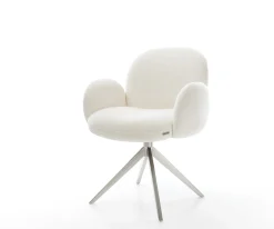 DrehstuhlNube-Flex mit Armlehnen Bouclé Soft Beige Kreuzgestell breit Edelstahl 360° drehbar Taschenfederkern Sofort versandfertig
