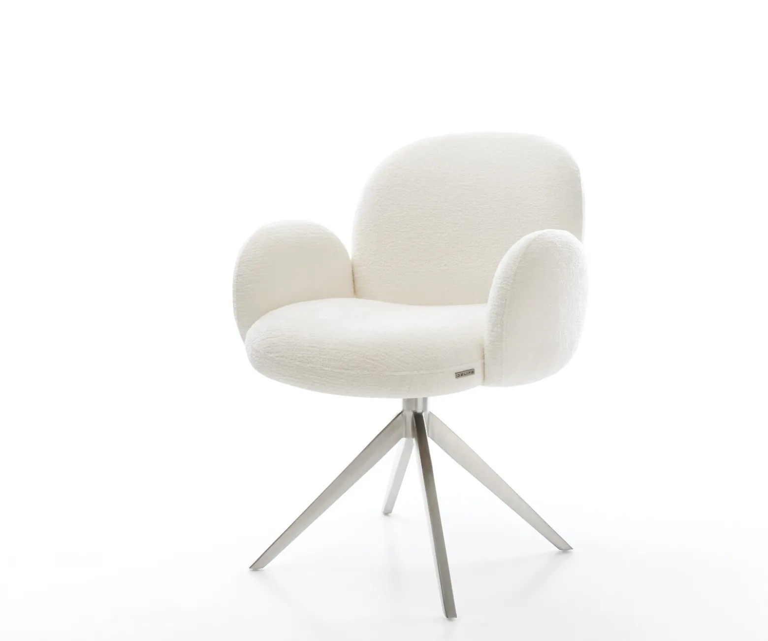 DrehstuhlNube-Flex mit Armlehnen Bouclé Soft Beige Kreuzgestell breit Edelstahl 360° drehbar Taschenfederkern Sofort versandfertig