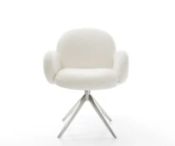 DrehstuhlNube-Flex mit Armlehnen Bouclé Soft Beige Kreuzgestell breit Edelstahl 360° drehbar Taschenfederkern Sofort versandfertig