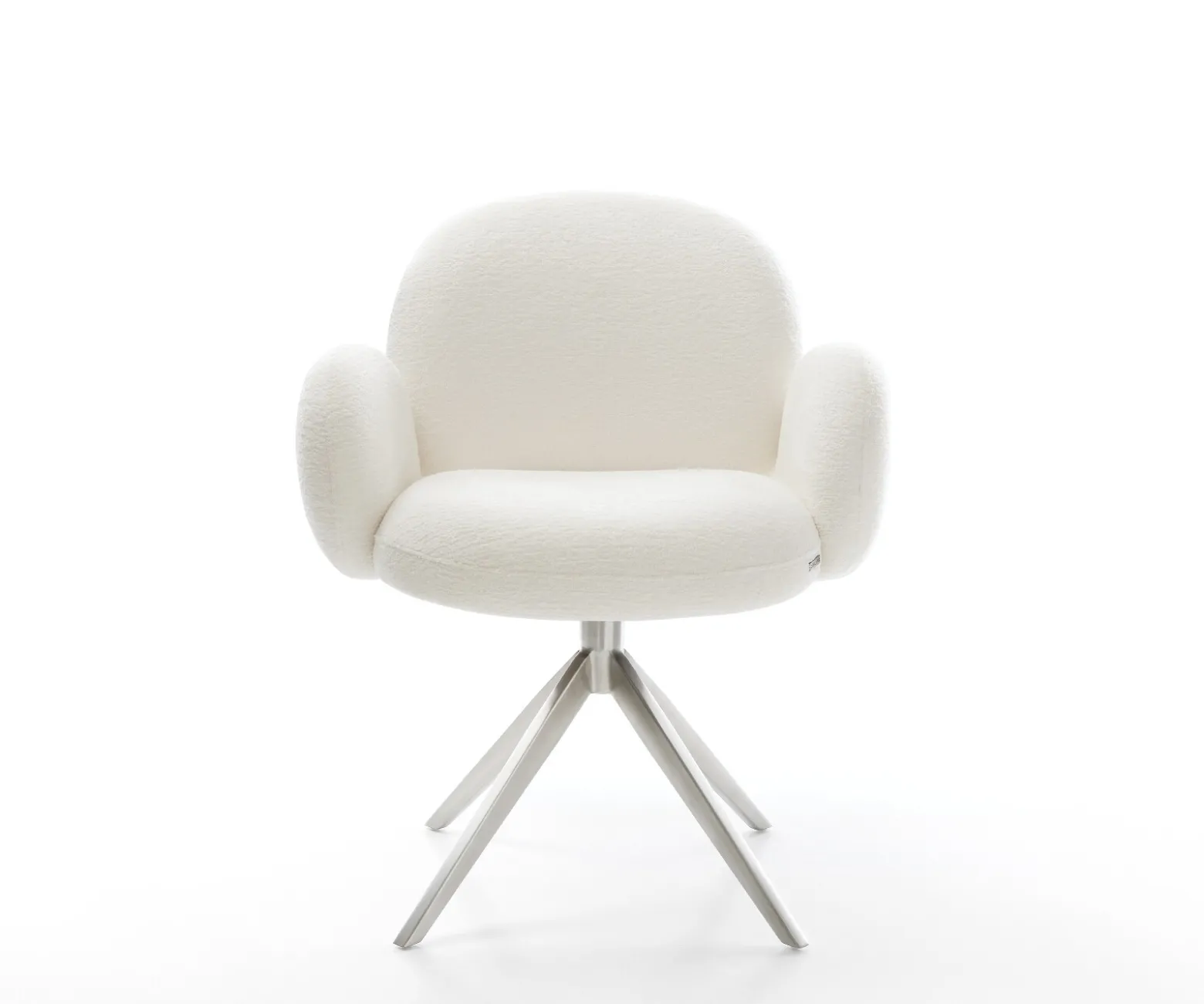 DrehstuhlNube-Flex mit Armlehnen Bouclé Soft Beige Kreuzgestell breit Edelstahl 360° drehbar Taschenfederkern Sofort versandfertig