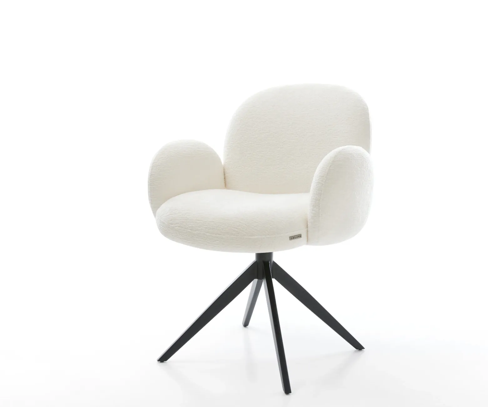 DrehstuhlNube-Flex mit Armlehnen Bouclé Soft Beige Kreuzgestell breit Schwarz 360° drehbar Wippfunktion Taschenfederkern Sofort versandfertig