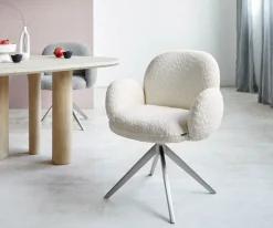 DrehstuhlNube-Flex mit Armlehnen Bouclé Weiß Kreuzgestell breit Edelstahl 360° drehbar Taschenfederkern Sofort versandfertig
