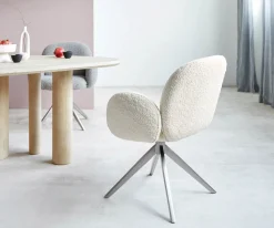 DrehstuhlNube-Flex mit Armlehnen Bouclé Weiß Kreuzgestell breit Edelstahl 360° drehbar Taschenfederkern Sofort versandfertig