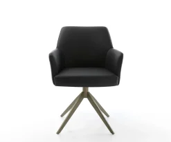 DrehstuhlXana-Flex mit Armlehnen Echt-Leder Schwarz Kreuzgestell breit Effektfinish Titan 360° drehbar Wippfunktion Taschenfederkern Sofort versandfertig