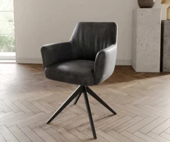DrehstuhlXana-Flex mit Armlehnen Mikrofaser Anthrazit Vintage Kreuzgestell breit Schwarz 360° drehbar Taschenfederkern Sofort versandfertig