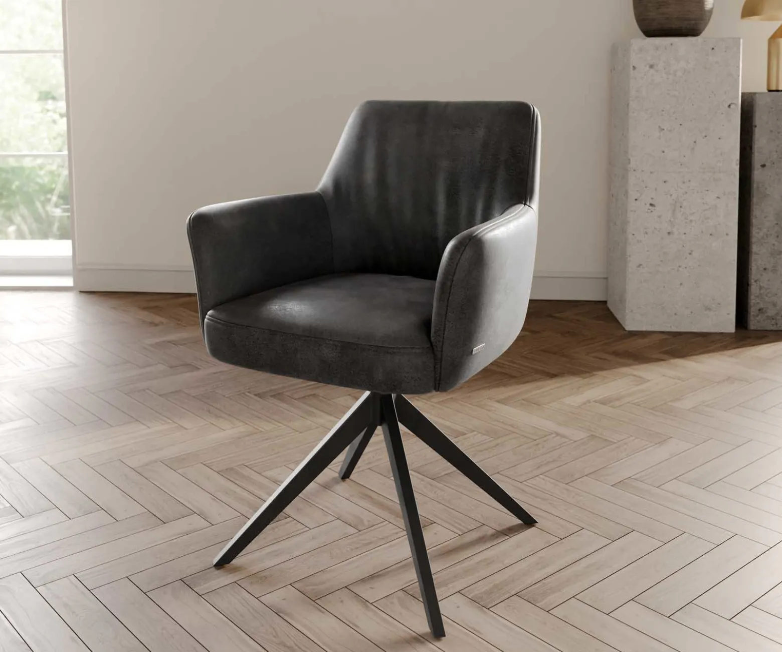 DrehstuhlXana-Flex mit Armlehnen Mikrofaser Anthrazit Vintage Kreuzgestell breit Schwarz 360° drehbar Taschenfederkern Sofort versandfertig