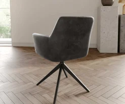DrehstuhlXana-Flex mit Armlehnen Mikrofaser Anthrazit Vintage Kreuzgestell breit Schwarz 360° drehbar Taschenfederkern Sofort versandfertig