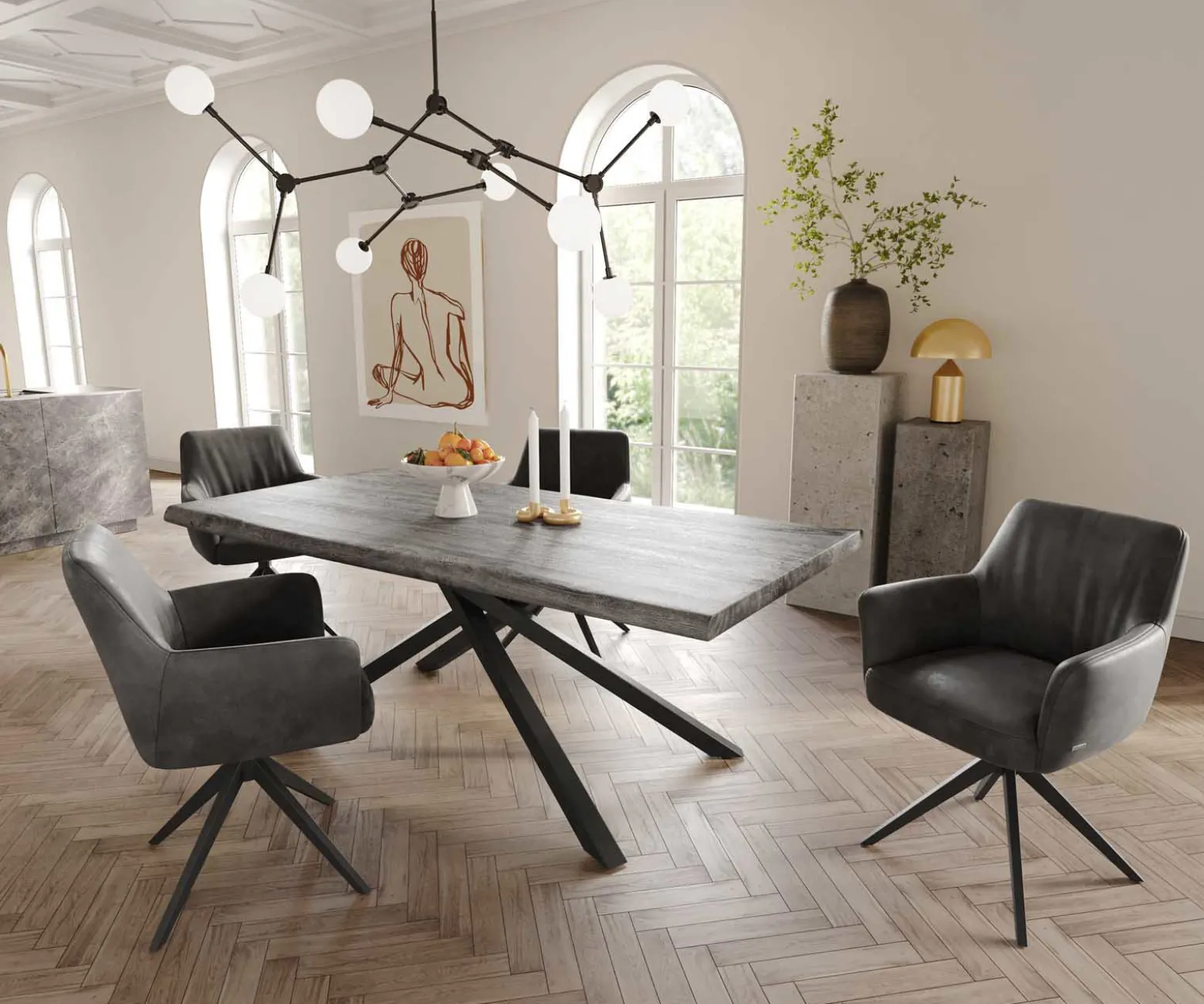 DrehstuhlXana-Flex mit Armlehnen Mikrofaser Anthrazit Vintage Kreuzgestell breit Schwarz 360° drehbar Taschenfederkern Sofort versandfertig