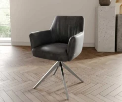 DrehstuhlXana-Flex mit Armlehnen Mikrofaser Anthrazit Vintage Kreuzgestell breit Edelstahl 360° drehbar Taschenfederkern Sofort versandfertig