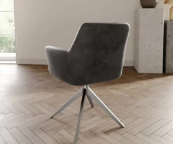 DrehstuhlXana-Flex mit Armlehnen Mikrofaser Anthrazit Vintage Kreuzgestell breit Edelstahl 360° drehbar Taschenfederkern Sofort versandfertig