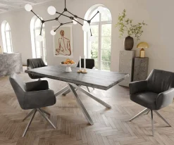 DrehstuhlXana-Flex mit Armlehnen Mikrofaser Anthrazit Vintage Kreuzgestell breit Edelstahl 360° drehbar Taschenfederkern Sofort versandfertig