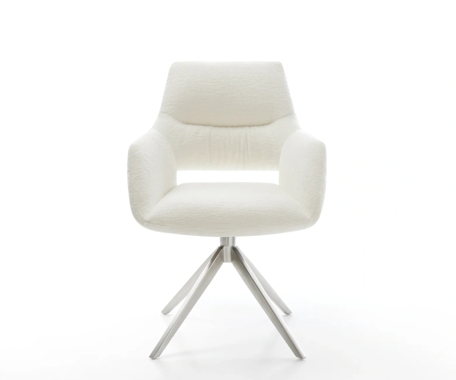DrehstuhlYago-Flex mit Armlehnen Bouclé Soft Beige Kreuzgestell breit Edelstahl 360° drehbar Wippfunktion Taschenfederkern Sofort versandfertig