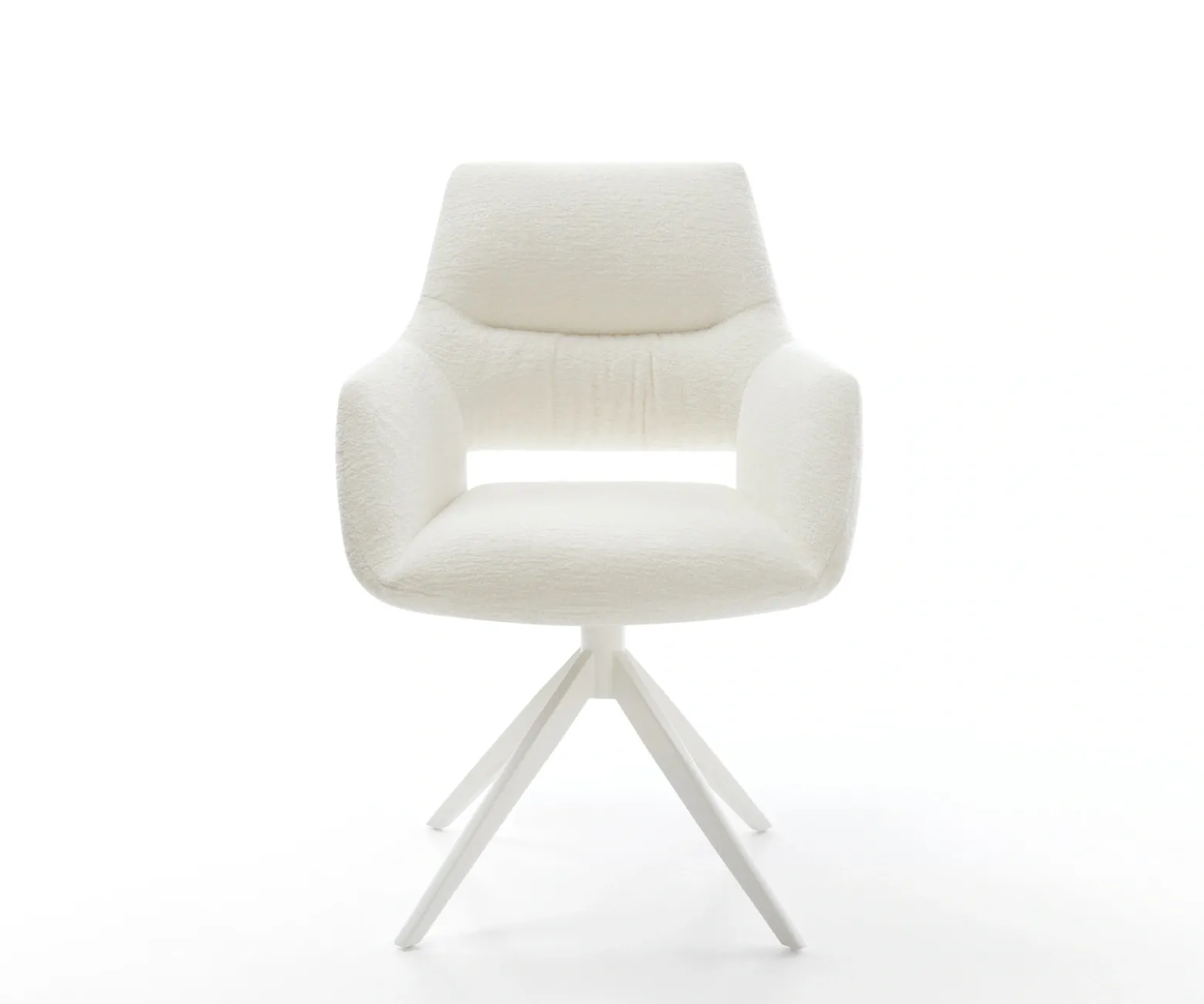 DrehstuhlYago-Flex mit Armlehnen Bouclé Soft Beige Kreuzgestell breit Weiß 360° drehbar Wippfunktion Taschenfederkern Sofort versandfertig