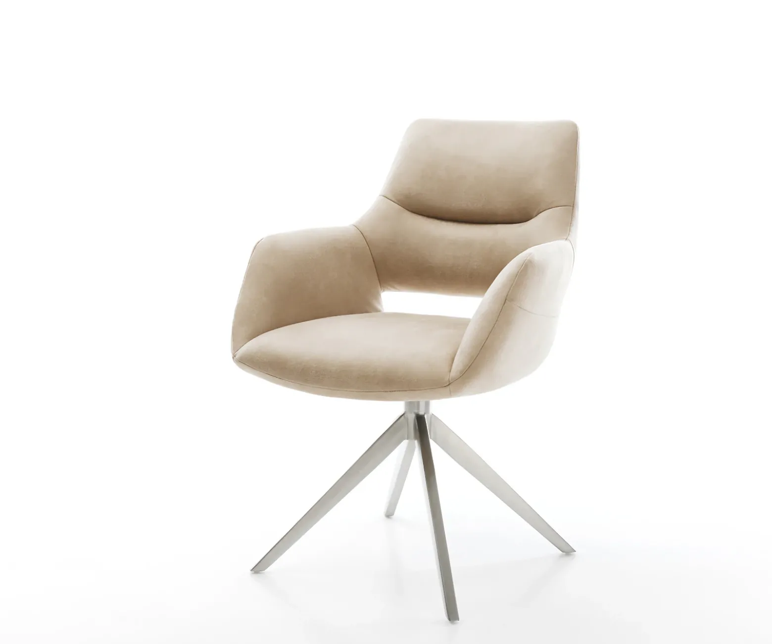 DrehstuhlYago-Flex mit Armlehnen Mikrofaser Beige Vintage Kreuzgestell breit Edelstahl 360° drehbar Wippfunktion Taschenfederkern Sofort versandfertig