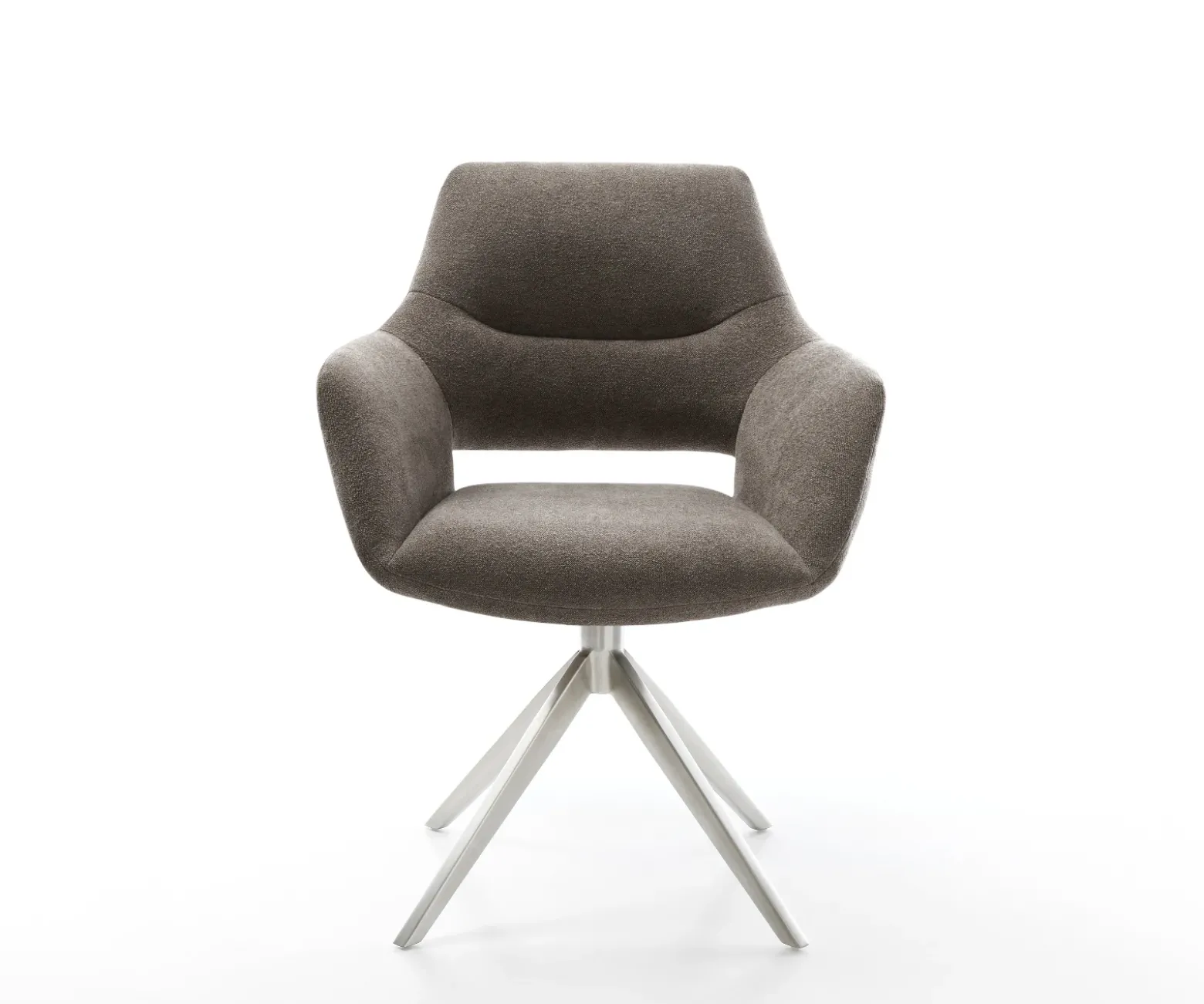 DrehstuhlYago-Flex mit Armlehnen Strukturstoff Soft Taupe Kreuzgestell breit Edelstahl 360° drehbar Wippfunktion Taschenfederkern Sofort versandfertig