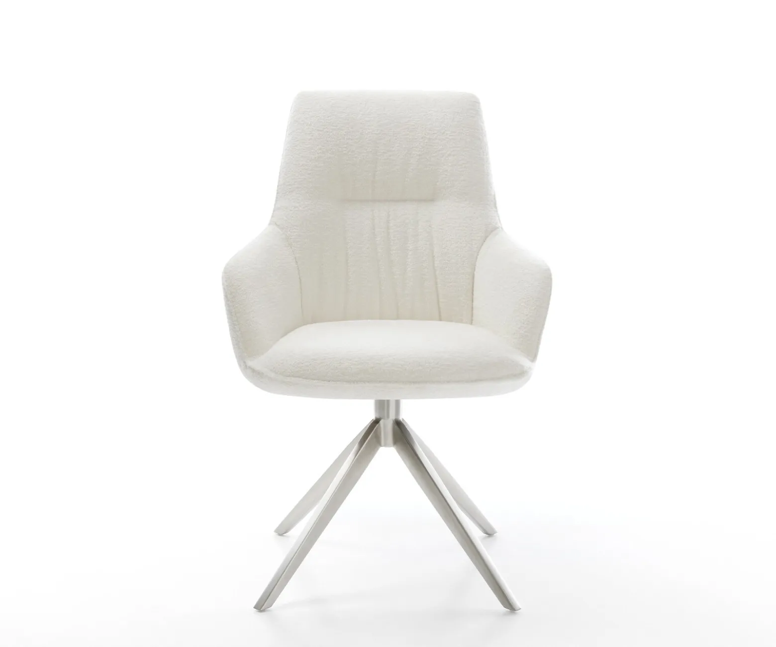 DrehstuhlZelia-Flex mit Armlehnen Bouclé Soft Beige Kreuzgestell breit Edelstahl 360° drehbar Wippfunktion Taschenfederkern Sofort versandfertig