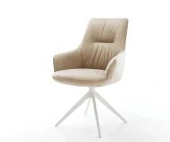DrehstuhlZelia-Flex mit Armlehnen Mikrofaser Beige Vintage Kreuzgestell breit Weiß 360° drehbar Wippfunktion Taschenfederkern Sofort versandfertig
