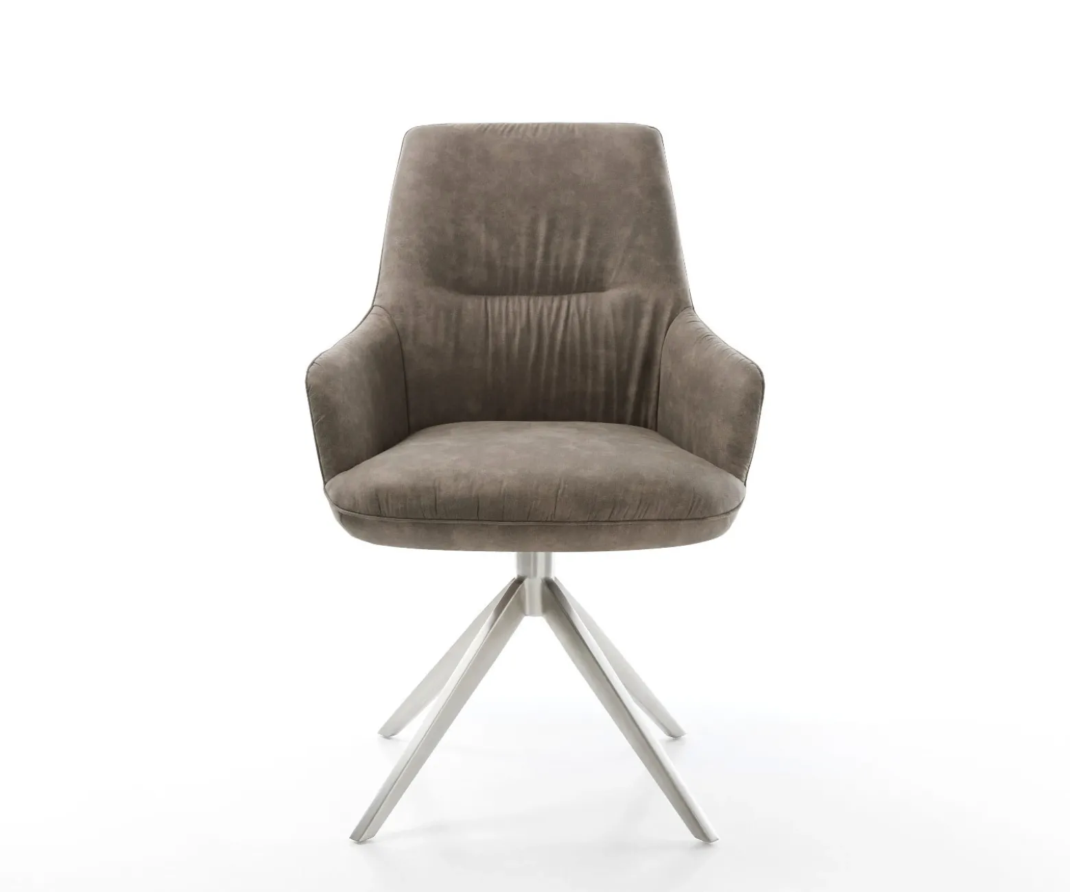 DrehstuhlZelia-Flex mit Armlehnen Mikrofaser Taupe Vintage Kreuzgestell breit Edelstahl 360° drehbar Wippfunktion Taschenfederkern Sofort versandfertig