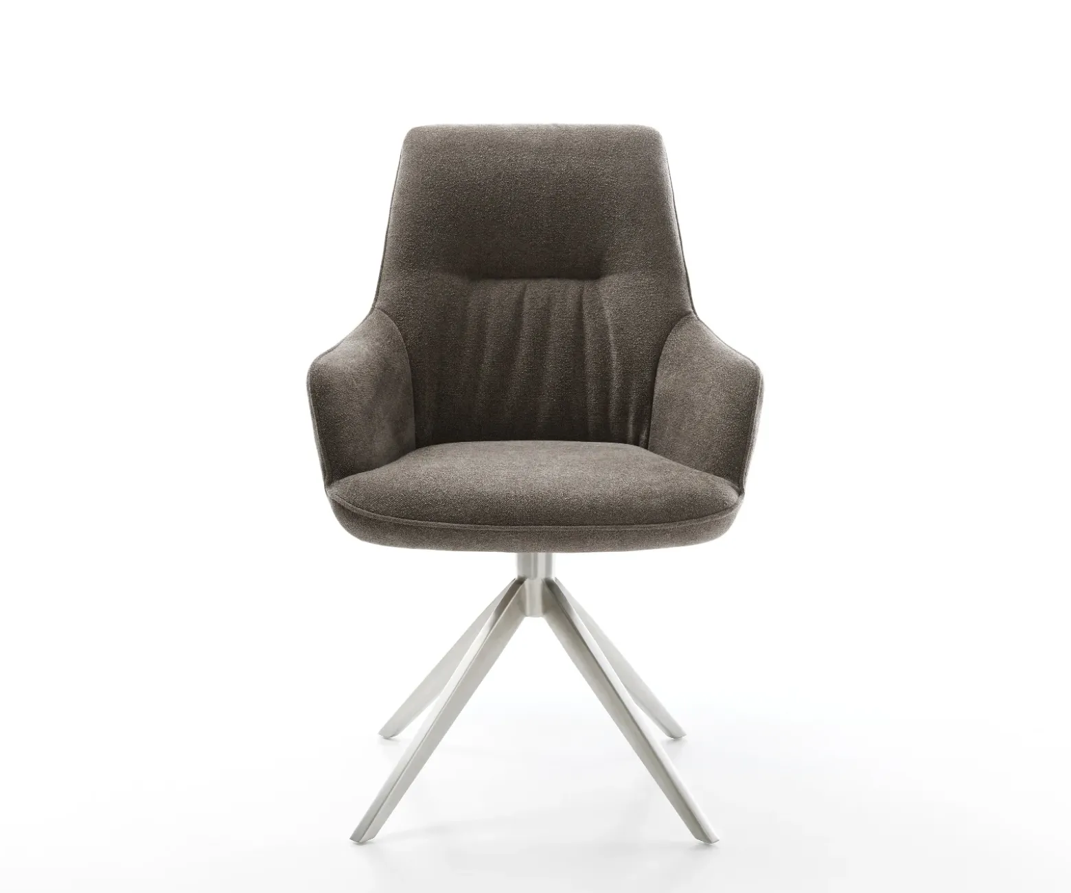 DrehstuhlZelia-Flex mit Armlehnen Strukturstoff Soft Taupe Kreuzgestell breit Edelstahl 360° drehbar Wippfunktion Taschenfederkern Sofort versandfertig
