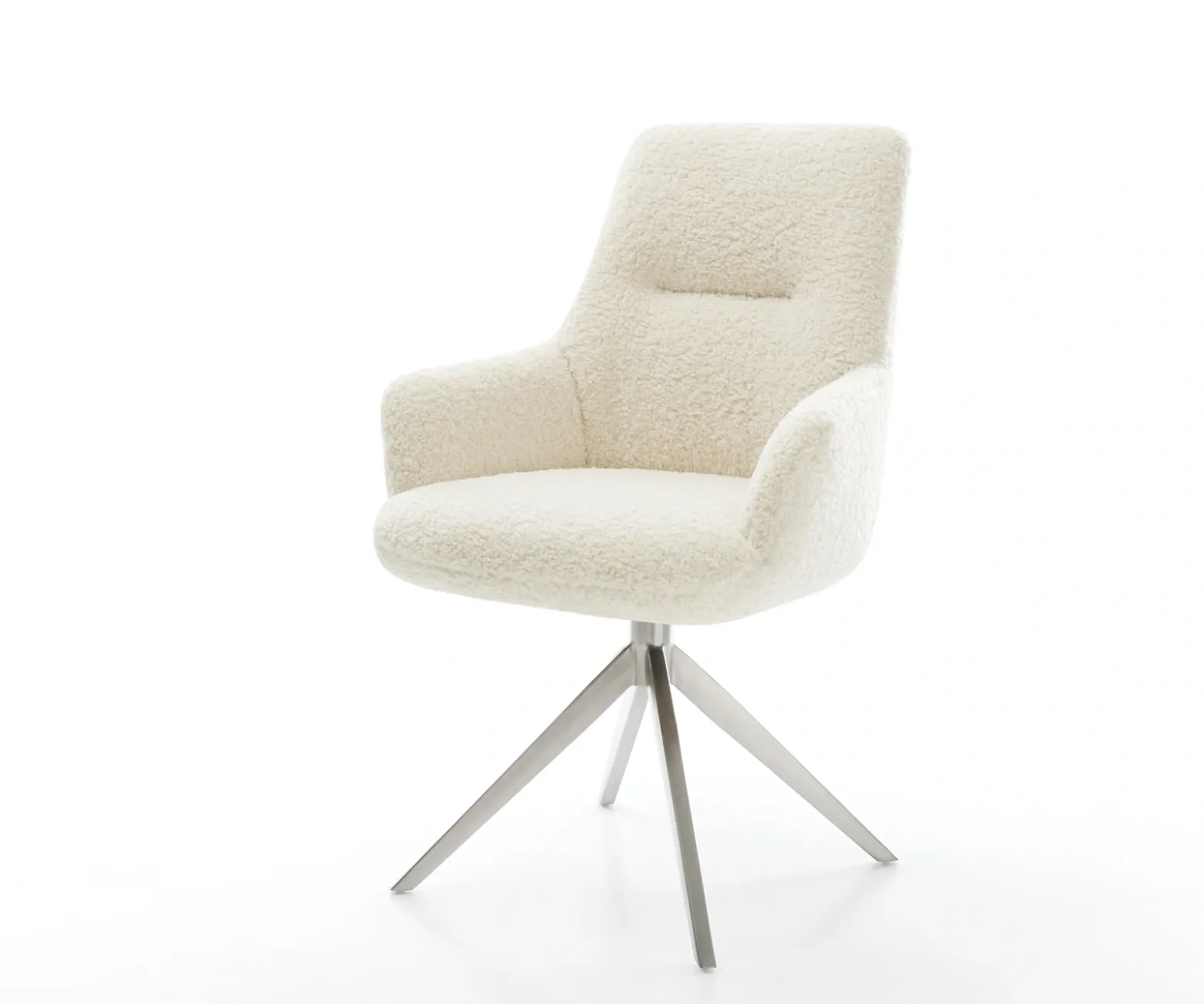 DrehstuhlZelia-Flex mit Armlehnen Teddystoff Beige Kreuzgestell breit Edelstahl 360° drehbar Wippfunktion Taschenfederkern Sofort versandfertig
