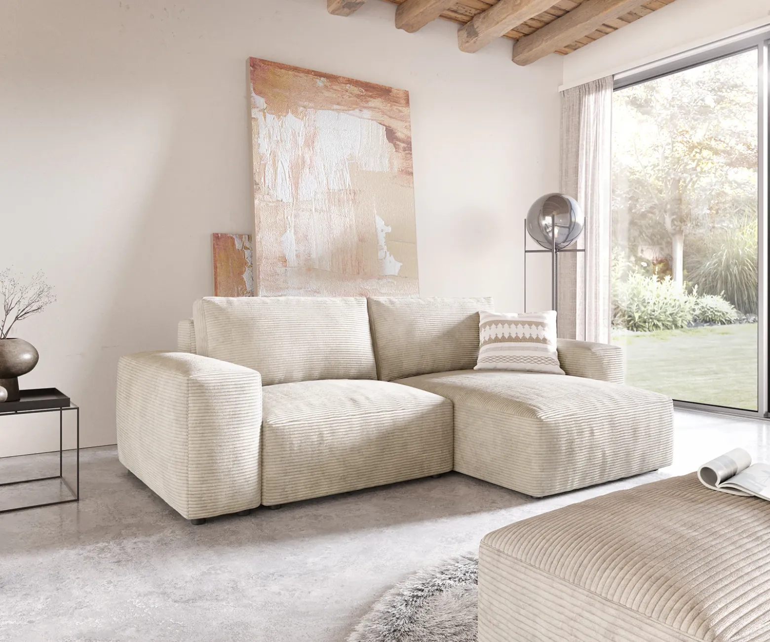 EcksofaLanzo 230x155 cm Cord Beige Recamiere variabel mit Hocker Sofort versandfertig