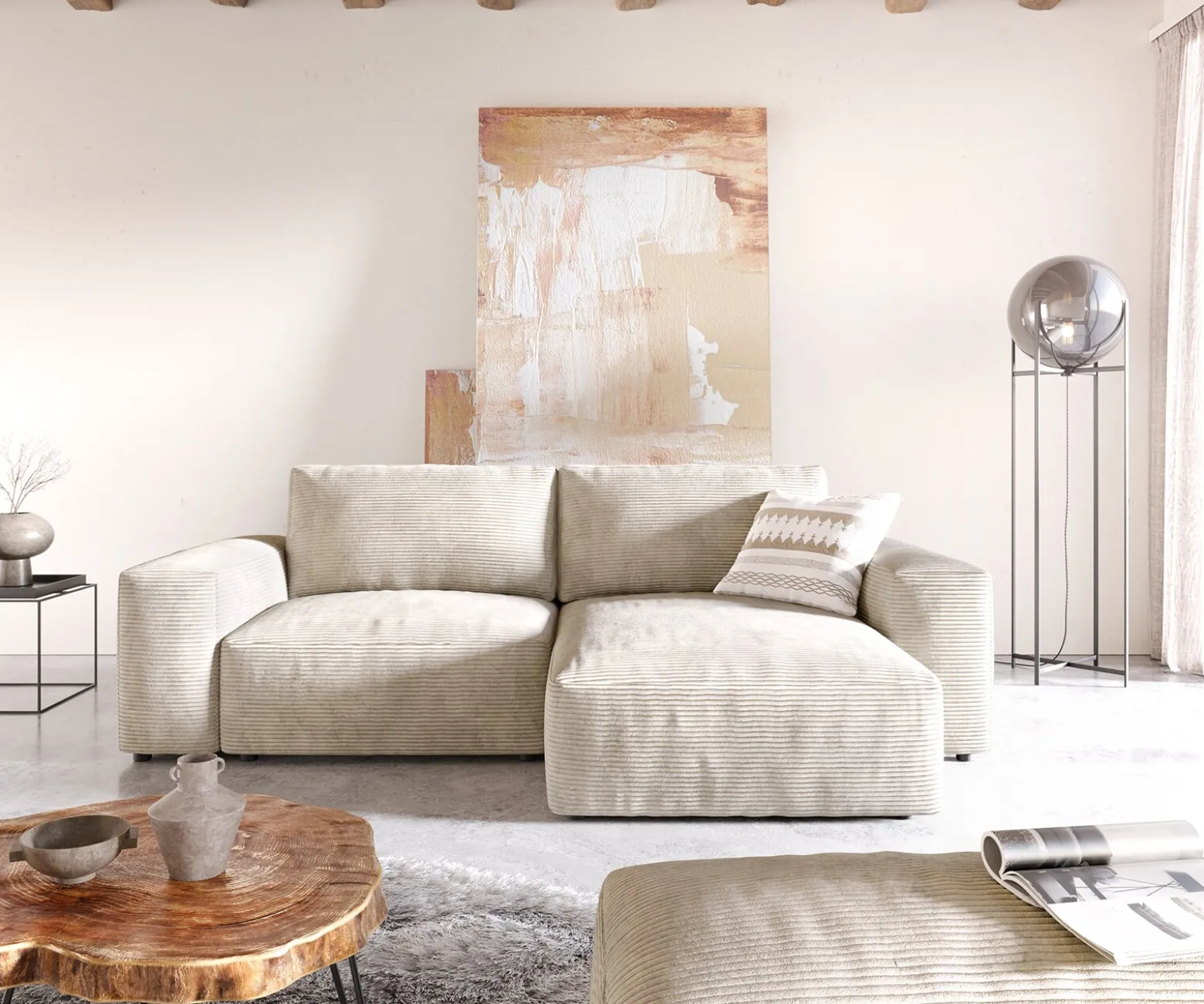 EcksofaLanzo 230x155 cm Cord Beige Recamiere variabel mit Hocker Sofort versandfertig