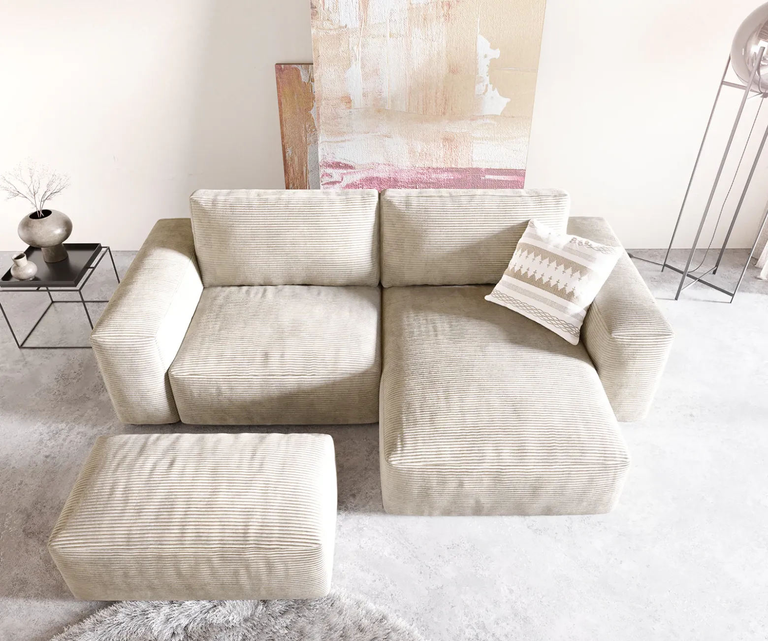 EcksofaLanzo 230x155 cm Cord Beige Recamiere variabel mit Hocker Sofort versandfertig