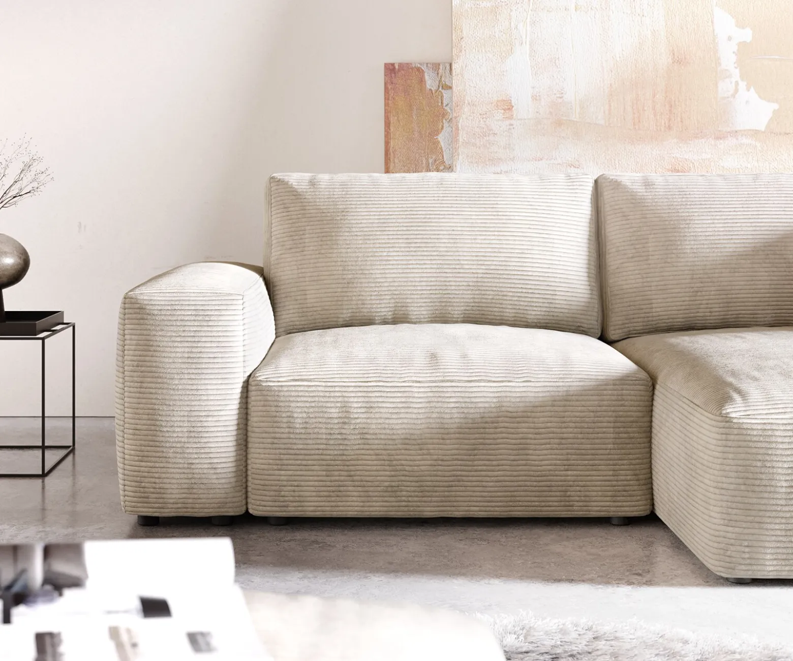 EcksofaLanzo 230x155 cm Cord Beige Recamiere variabel mit Hocker Sofort versandfertig
