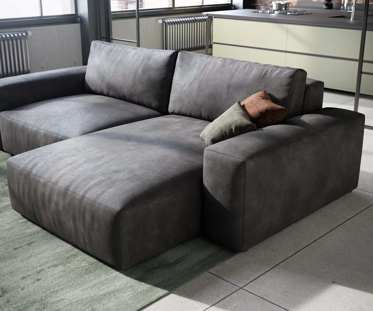 EcksofaLanzo 230x155 cm Lederimitat Vintage Anthrazit Recamiere variabel mit Hocker Sofort versandfertig