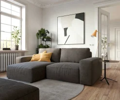 EcksofaLanzo 230x155 cm Mikrofaser Khakibraun Recamiere variabel mit Hocker Sofort versandfertig