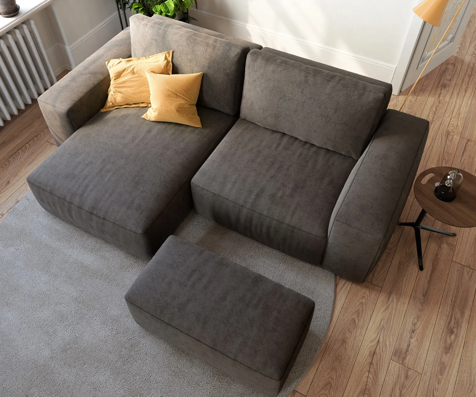EcksofaLanzo 230x155 cm Mikrofaser Khakibraun Recamiere variabel mit Hocker Sofort versandfertig