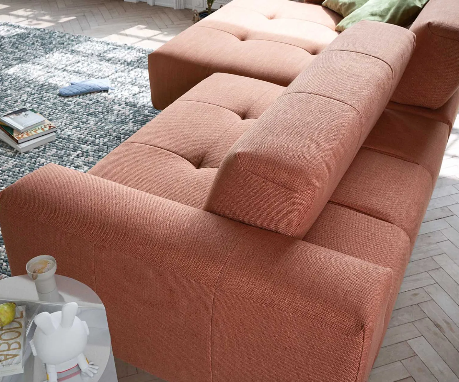 EcksofaLazaro 300x160 cm Flachgewebe Orange Ottomane links mit Sitztiefenverstellung Sofort versandfertig