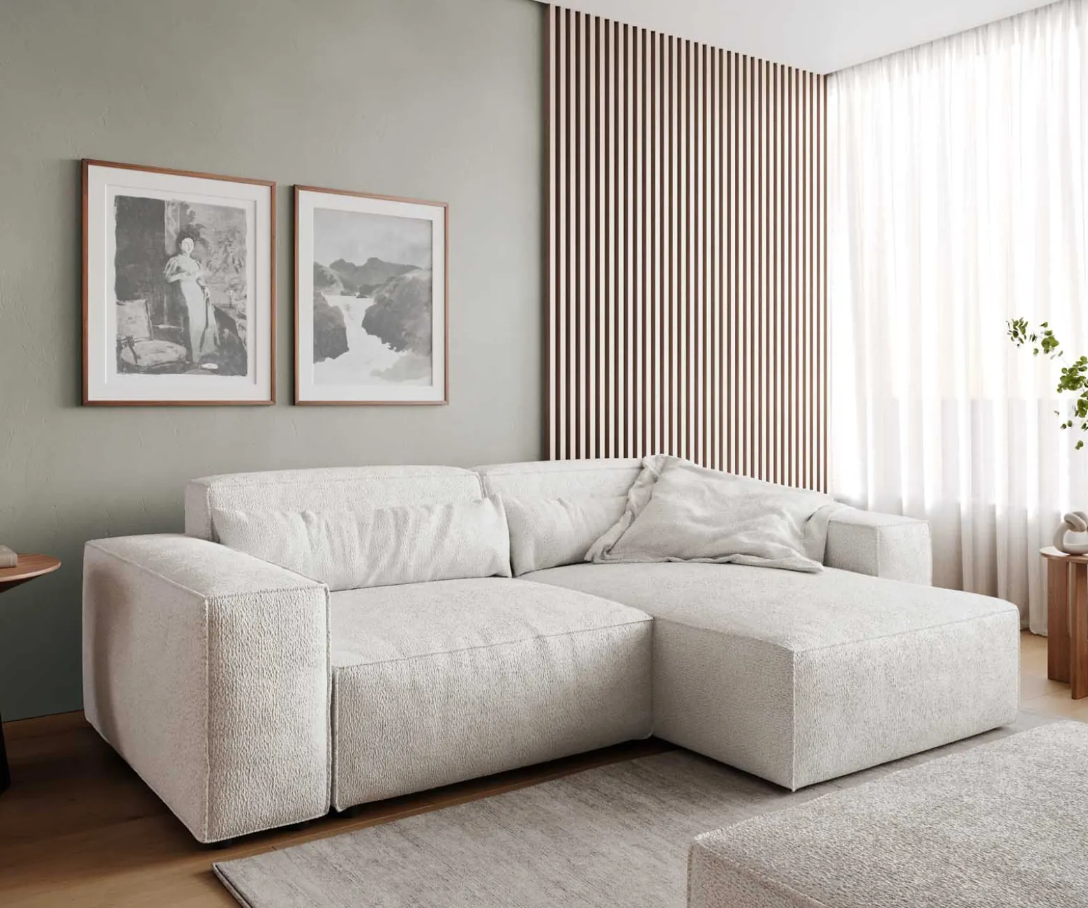 EcksofaSirpio 230x155 cm Bouclé Creme-Weiß Recamiere variabel mit Hocker Sofort versandfertig