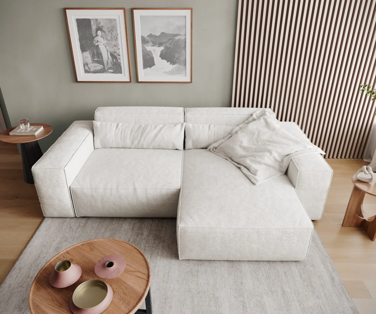 EcksofaSirpio 230x155 cm Bouclé Creme-Weiß Recamiere variabel Sofort versandfertig