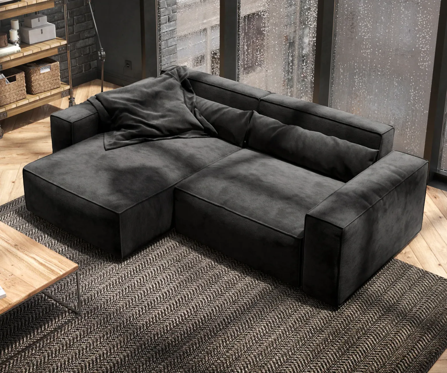 EcksofaSirpio 230x155 cm Mikrofaser Schwarz Recamiere variabel Sofort versandfertig