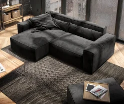 EcksofaSirpio 230x155 cm Mikrofaser Schwarz Recamiere variabel mit Hocker Sofort versandfertig