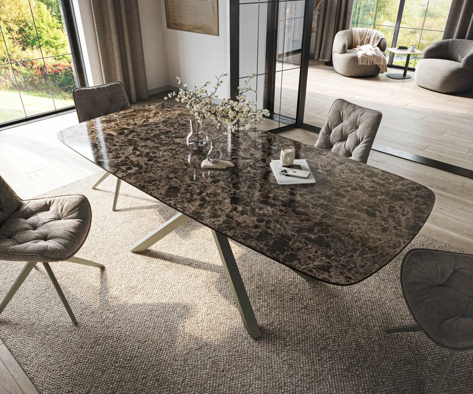 EsstischEdge Boot 180-220x100 cm Keramik Emperador Extra Lucidato Dunkelbraun Kreuzgestell Rechteck Effektfinish Titan ausziehbar Sofort versandfertig