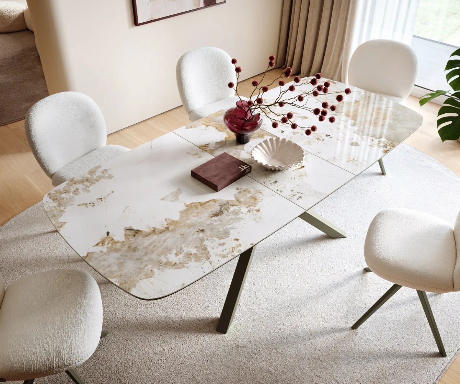EsstischEdge Boot 180-220x100 cm Keramik Minas Melange Weiß-Beige Kreuzgestell Rechteck Effektfinish Titan ausziehbar Sofort versandfertig