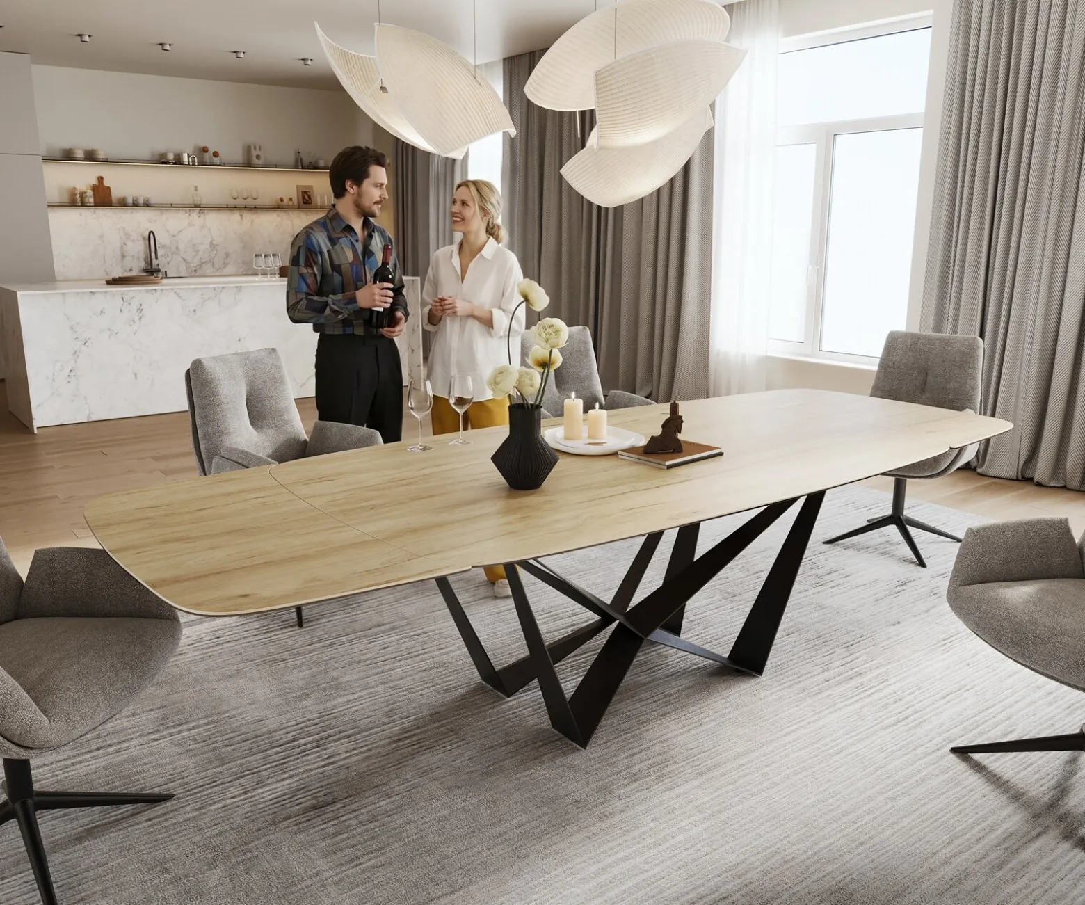 EsstischEdge Boot 200-300x120 cm Keramik Laminam® Sabbia Eichefarbig Spider Flachstahl Schwarz ausziehbar Sofort versandfertig