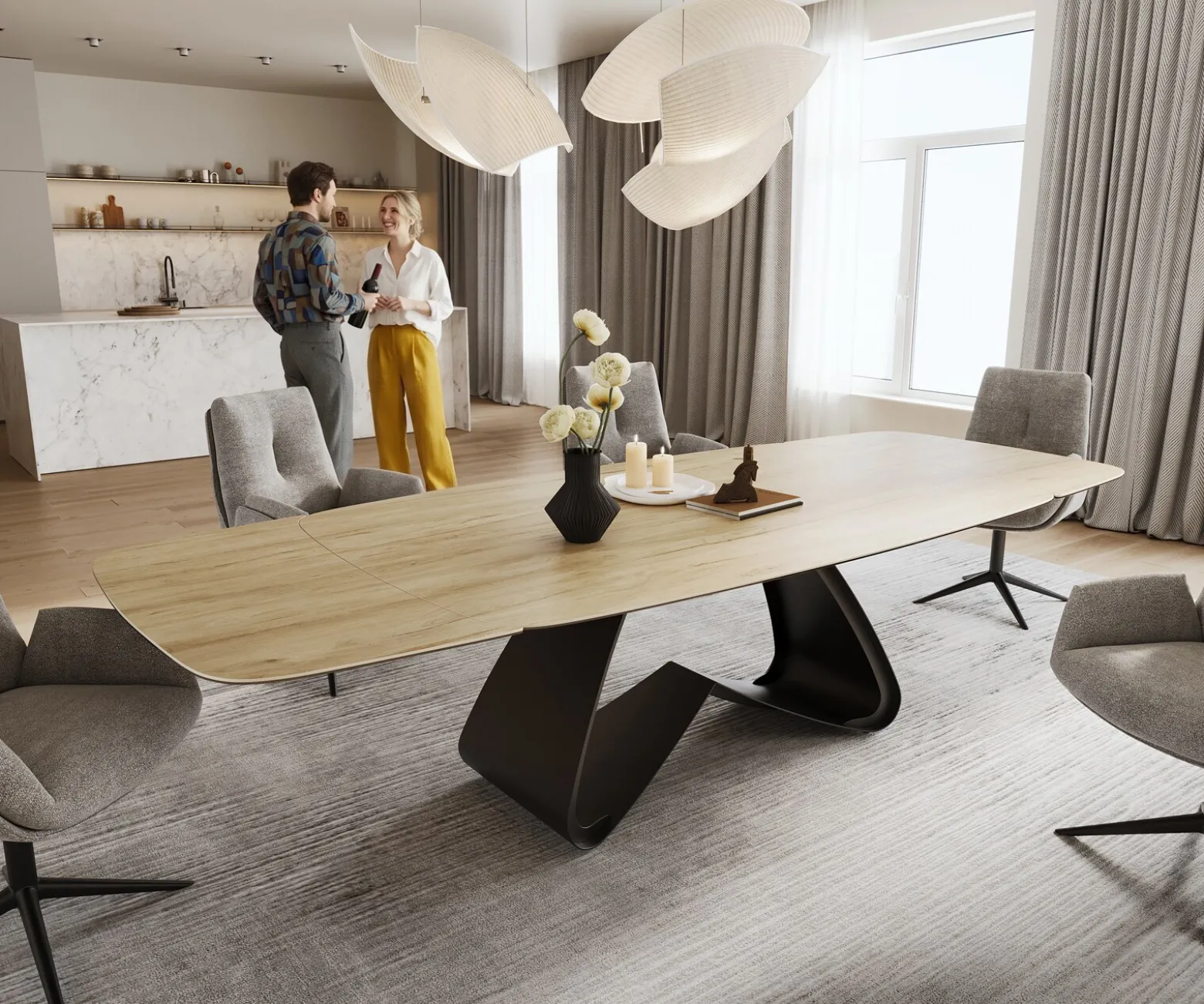 EsstischEdge Boot 200-300x120 cm Keramik Laminam® Sabbia Eichefarbig W-Gestell Metall Schwarz ausziehbar Sofort versandfertig