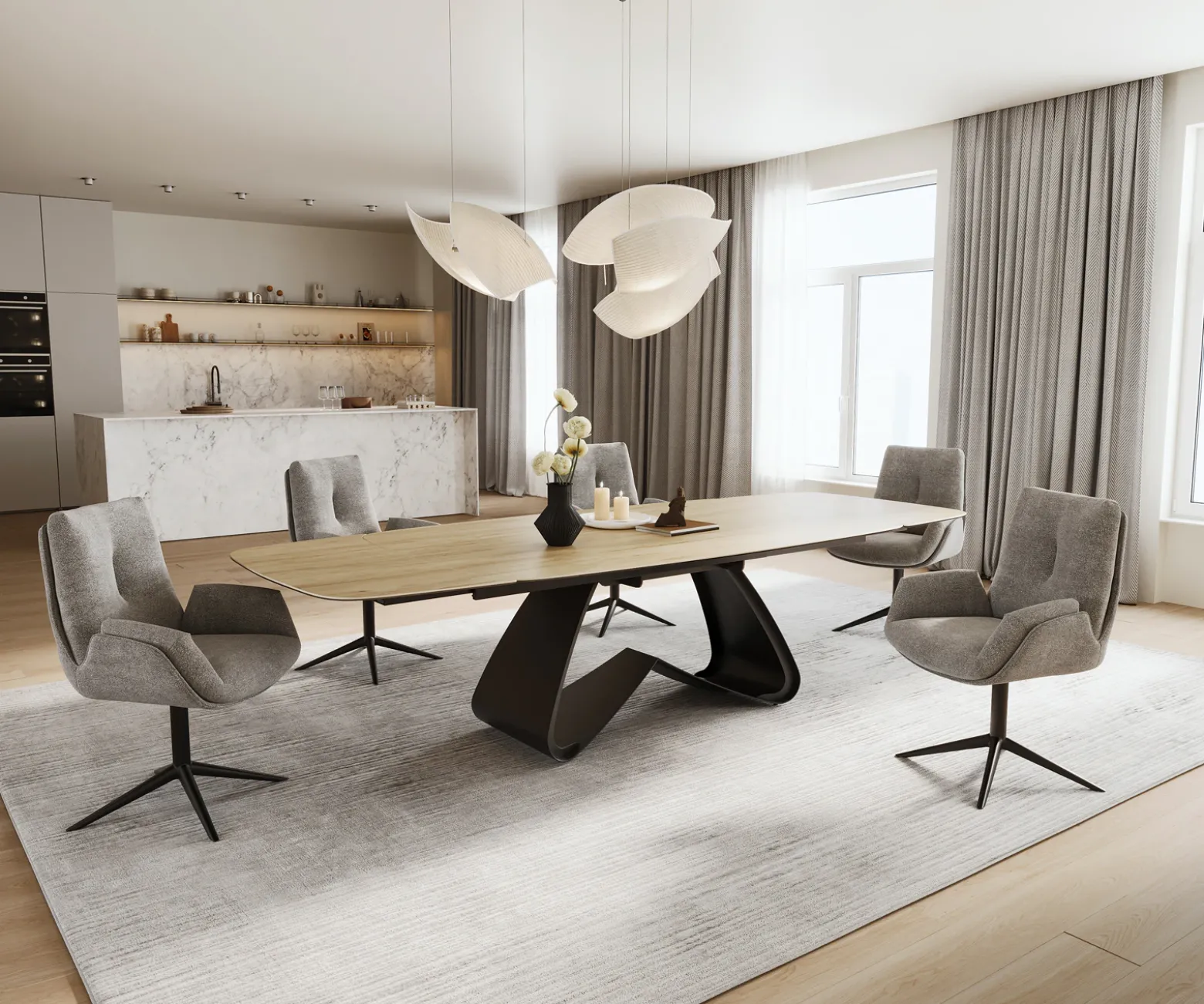 EsstischEdge Boot 200-300x120 cm Keramik Laminam® Sabbia Eichefarbig W-Gestell Metall Schwarz ausziehbar Sofort versandfertig