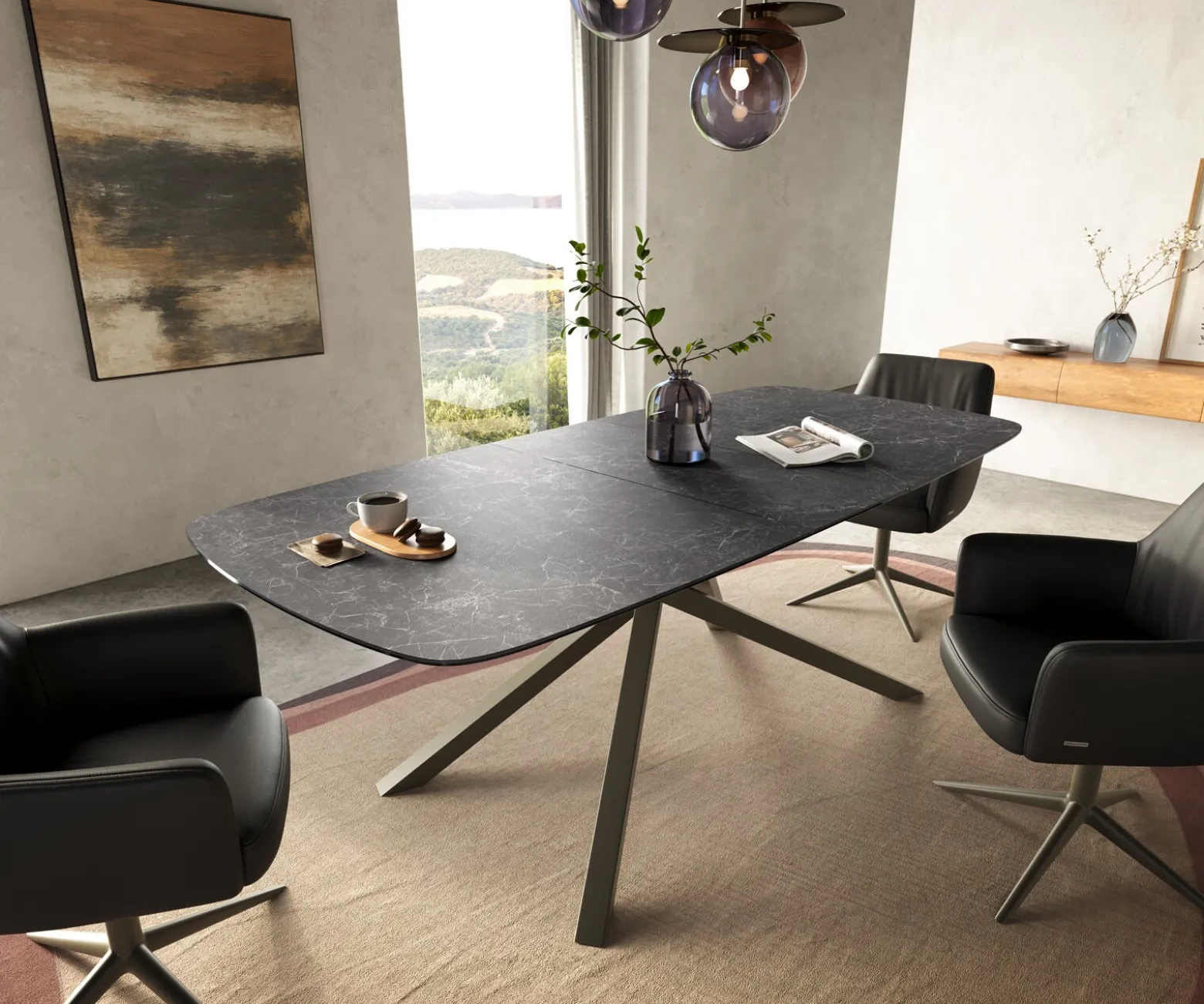 EsstischEdge Boot 180-220x100 cm Keramik Laminam® Nero Greco Anthrazit Kreuzgestell Rechteck Effektfinish Titan ausziehbar Sofort versandfertig