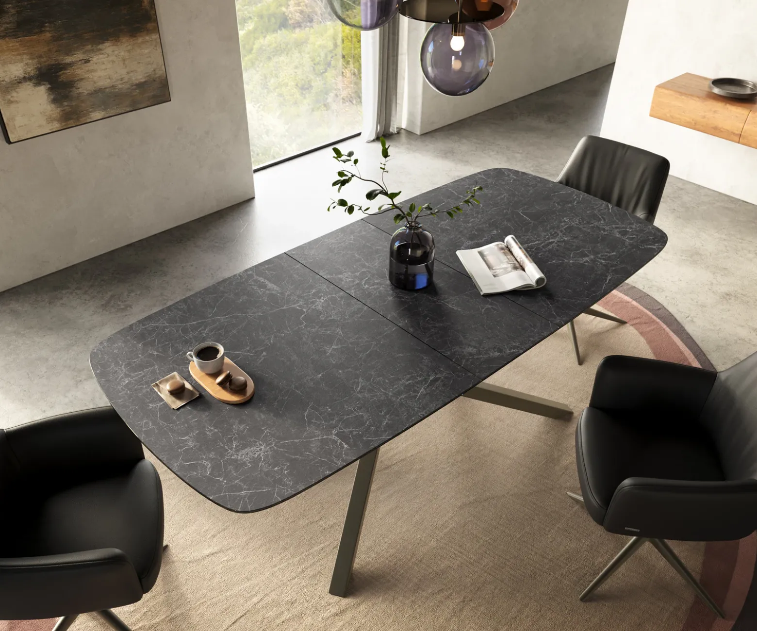 EsstischEdge Boot 180-220x100 cm Keramik Laminam® Nero Greco Anthrazit Kreuzgestell Rechteck Effektfinish Titan ausziehbar Sofort versandfertig