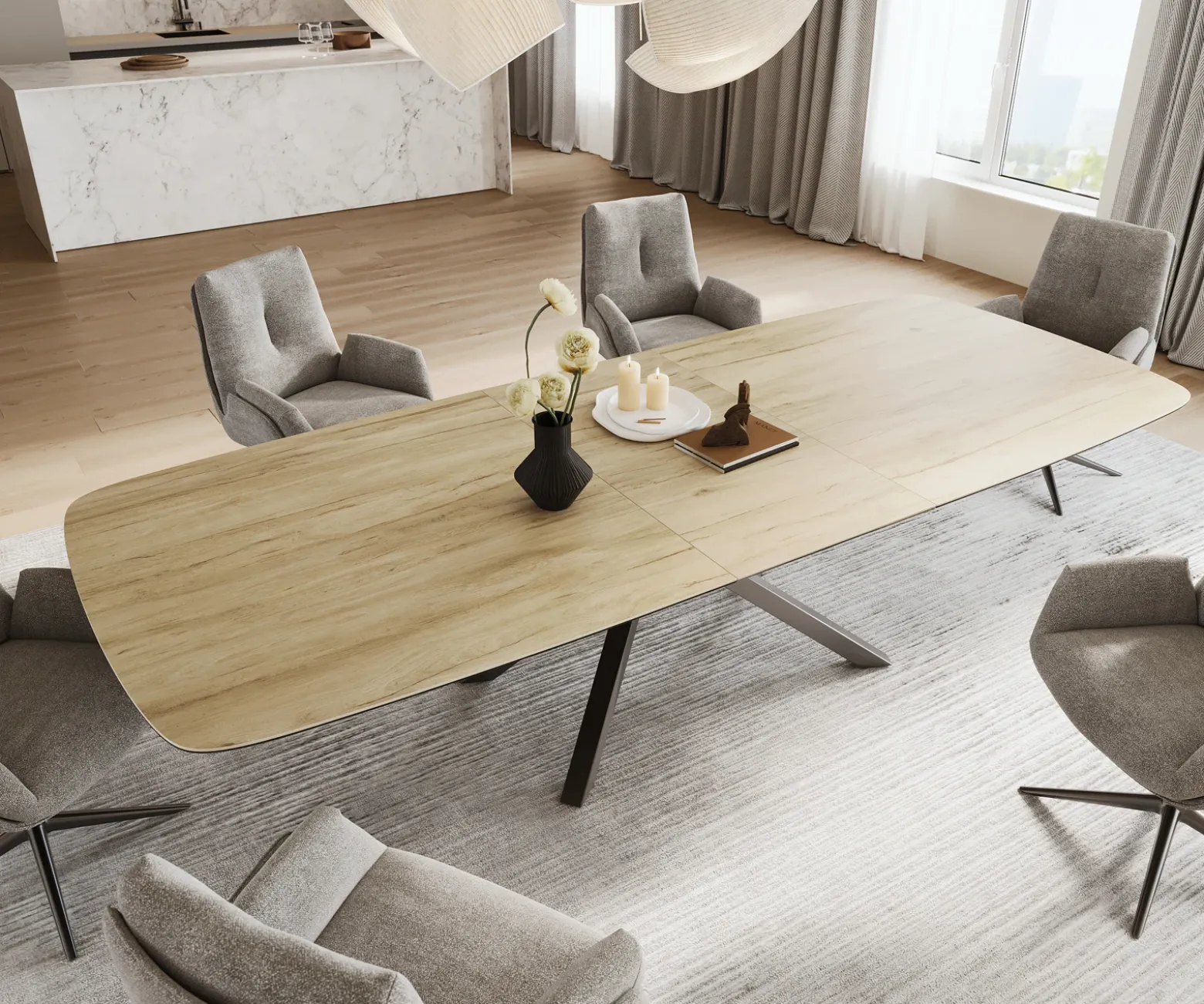 EsstischEdge Boot 240-300x120 cm Keramik Laminam® Sabbia Eichefarbig Kreuzgestell Rechteck Edelstahl Graphit ausziehbar Sofort versandfertig