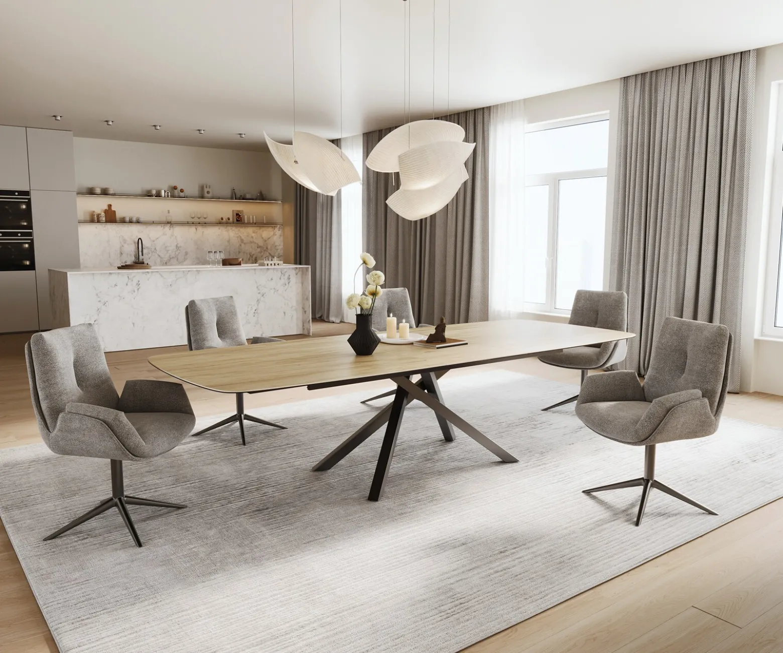 EsstischEdge Boot 240-300x120 cm Keramik Laminam® Sabbia Eichefarbig Kreuzgestell Rechteck Edelstahl Graphit ausziehbar Sofort versandfertig