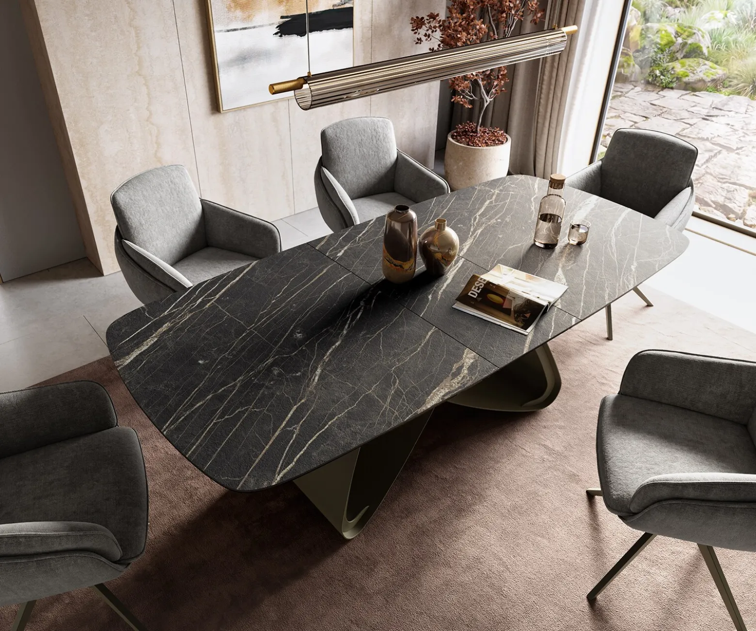 EsstischEdge Boot 180-220x100 cm Laminam® Keramik Noir Desir Braun W-Gestell Metall Effektfinish Titan ausziehbar Sofort versandfertig