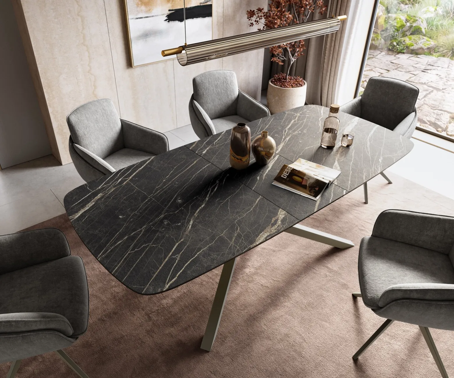 EsstischEdge Boot 180-220x100 cm Laminam® Keramik Noir Desir Braun Kreuzgestell Rechteck Effektfinish Titan ausziehbar Sofort versandfertig